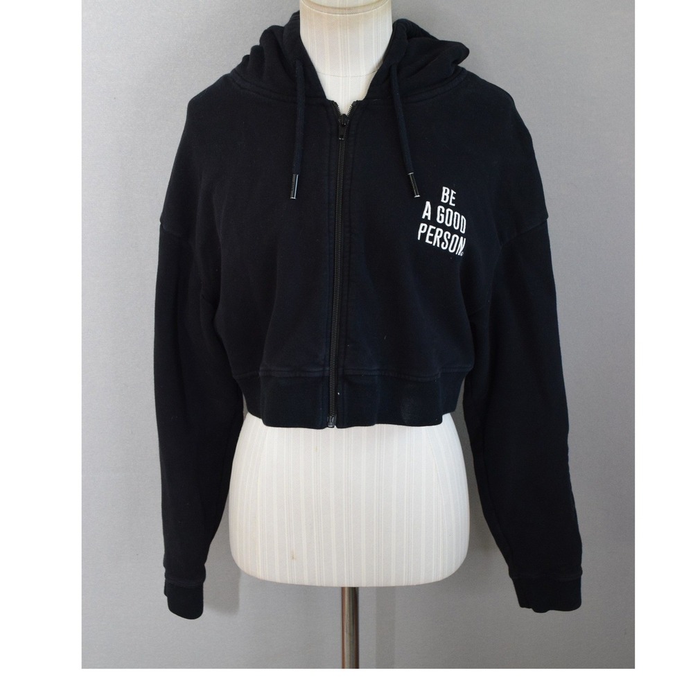 Be A Good Person Hoodie Medium Black Cropped Zip Up Graphic Women Streetwear